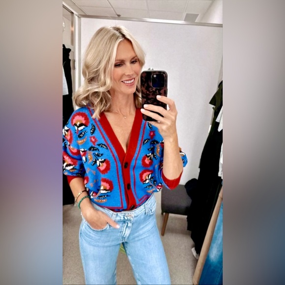 Farm Rio Palms Paradise Teal Cardigan Sweater Blue Red Medium NEW - Picture 15 of 17